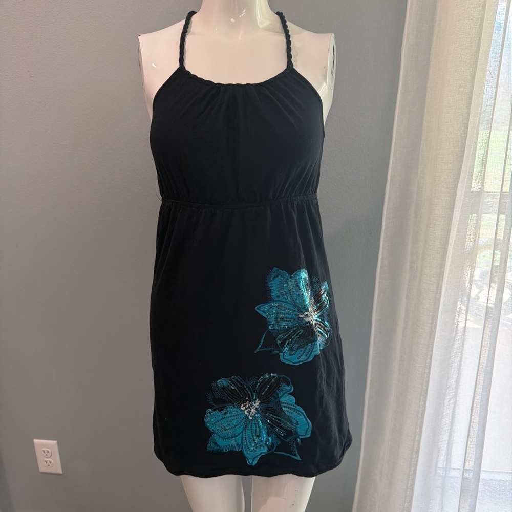 Vanity 100% Cotton Black Braided Halter Sequins Floral Dress/Bathingsuit Cover M